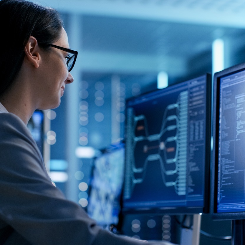 A person looking at data on a computer screen